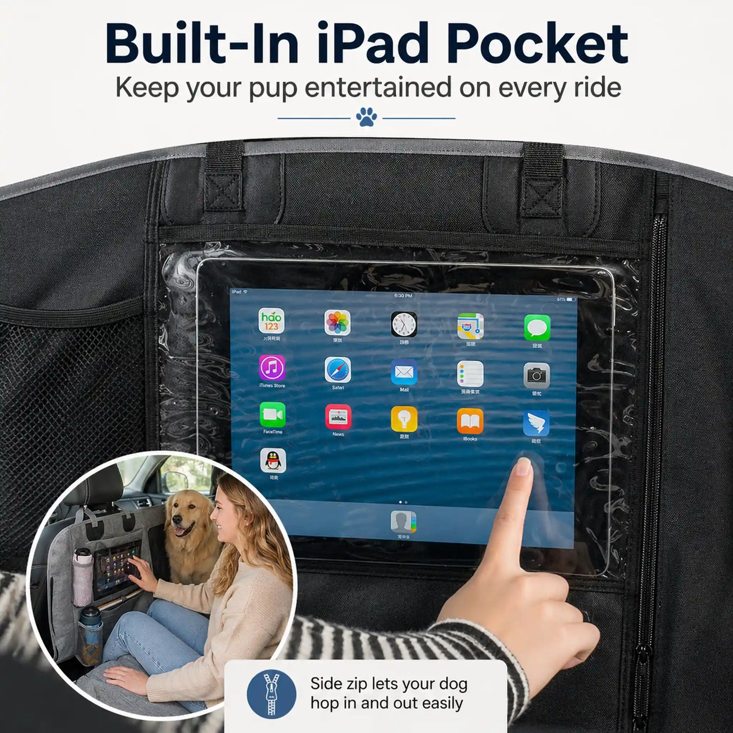 Built-in clear iPad pocket on dog car seat cover with side zip door