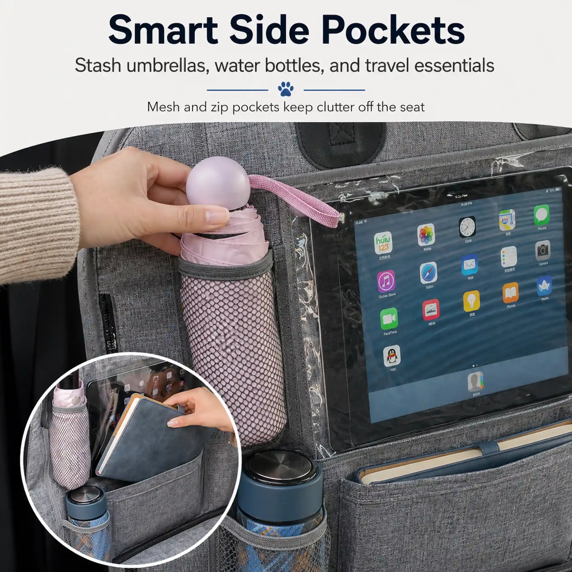 Side mesh storage pockets on gray car seat cover holding umbrella and water bottle