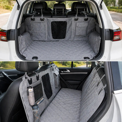 Gray dog car seat cover shown in trunk-mode and back-seat-hammock-mode
