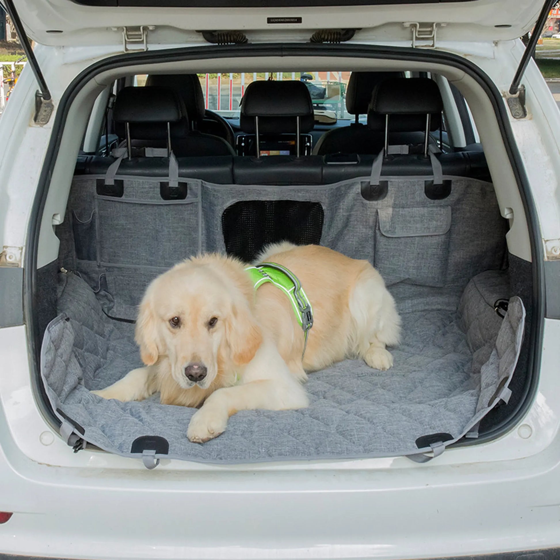 Golden Retriever lying on gray dog car seat cover installed in SUV trunk