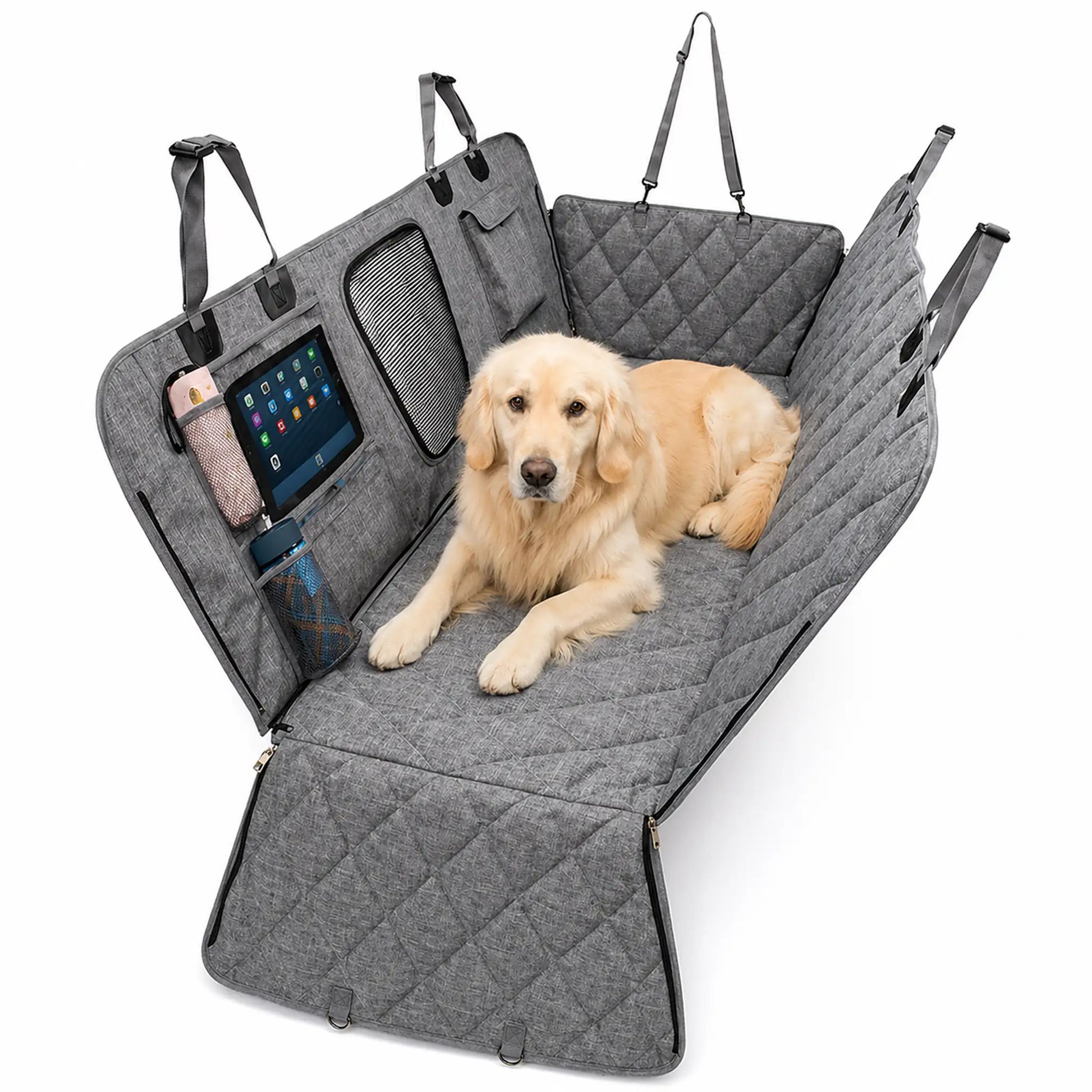 Gray waterproof dog car seat hammock with Golden Retriever lying on quilted mat, white background
