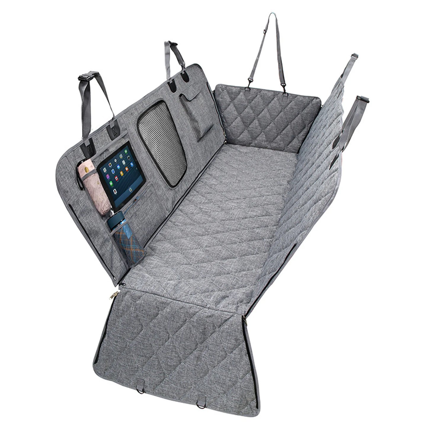 Gray quilted dog car seat hammock unfolded showing mesh window, iPad pocket, and side wings