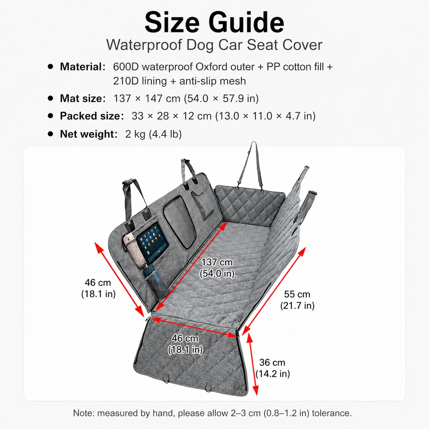 Size guide for waterproof dog car seat cover showing 137 x 147 cm mat dimensions