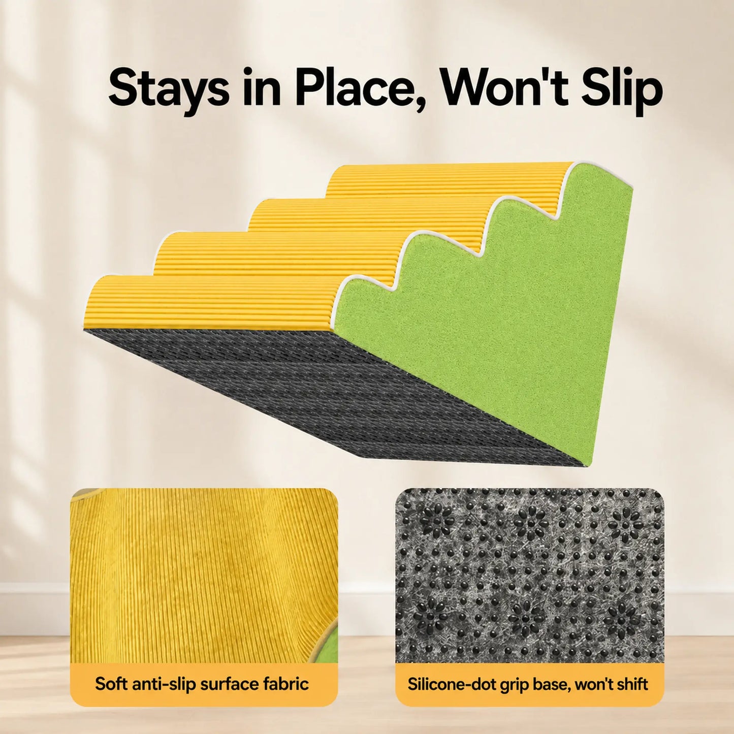 Pet stairs with anti-slip surface fabric and silicone-dot grip base