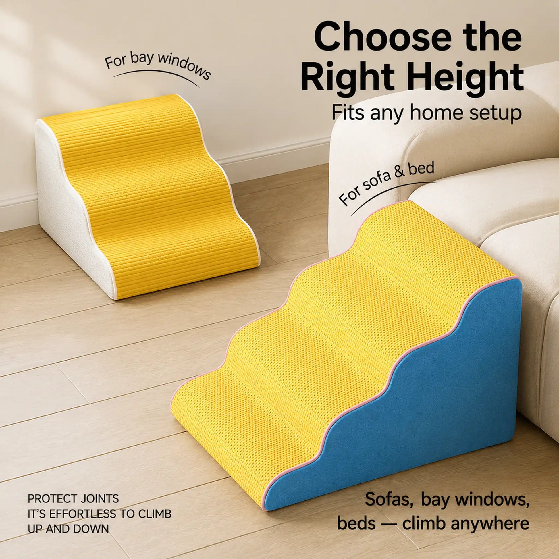 Pet stairs sized for sofa, bed, and bay-window heights