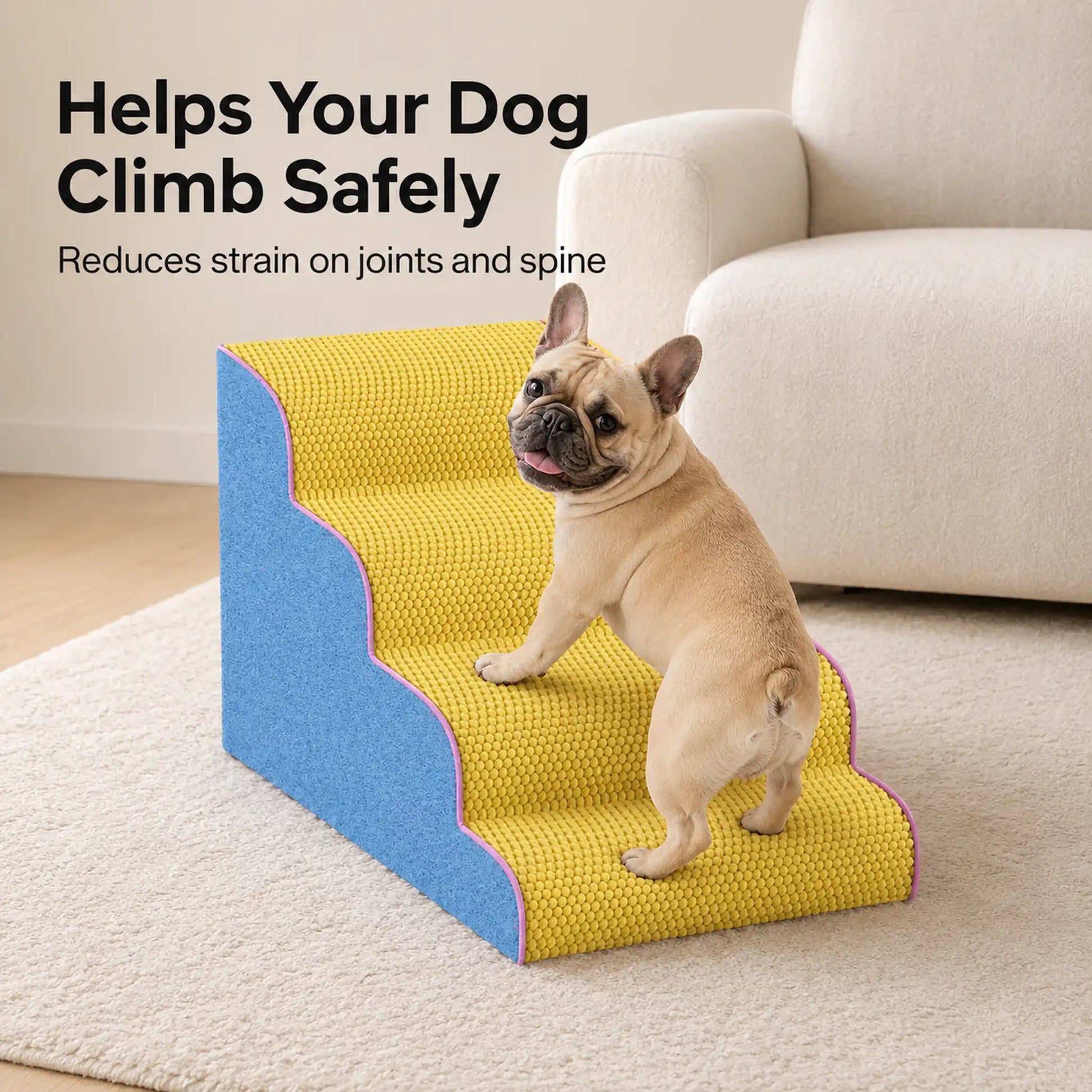 French Bulldog climbing pet stairs reduces strain on joints and spine