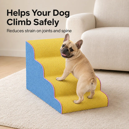 French Bulldog climbing pet stairs reduces strain on joints and spine