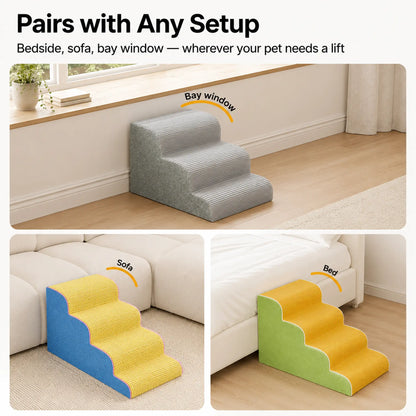 Pet stairs paired with sofa, bed and bay window in three home setups