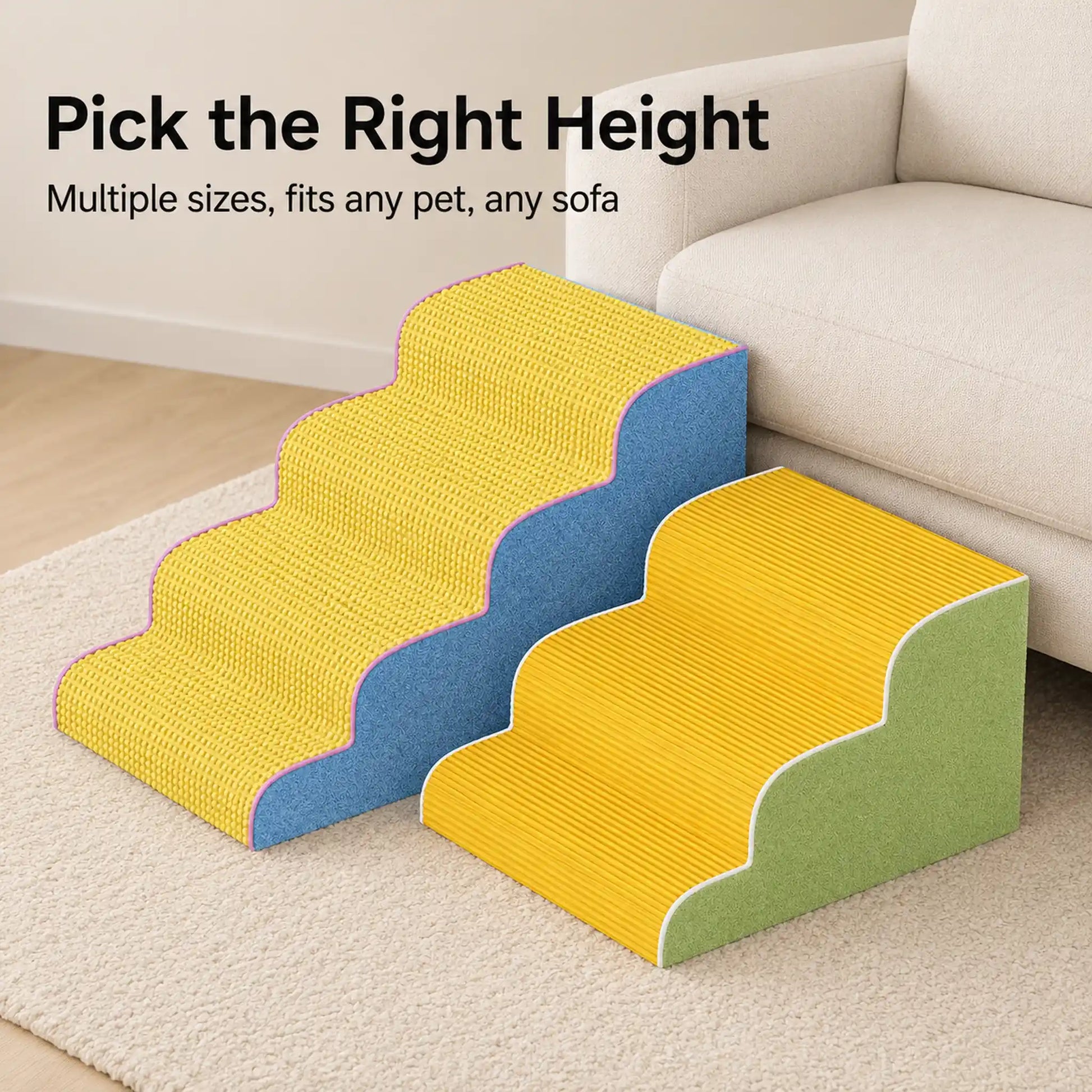 Pet stairs available in multiple tier heights for different sofa and bed sizes