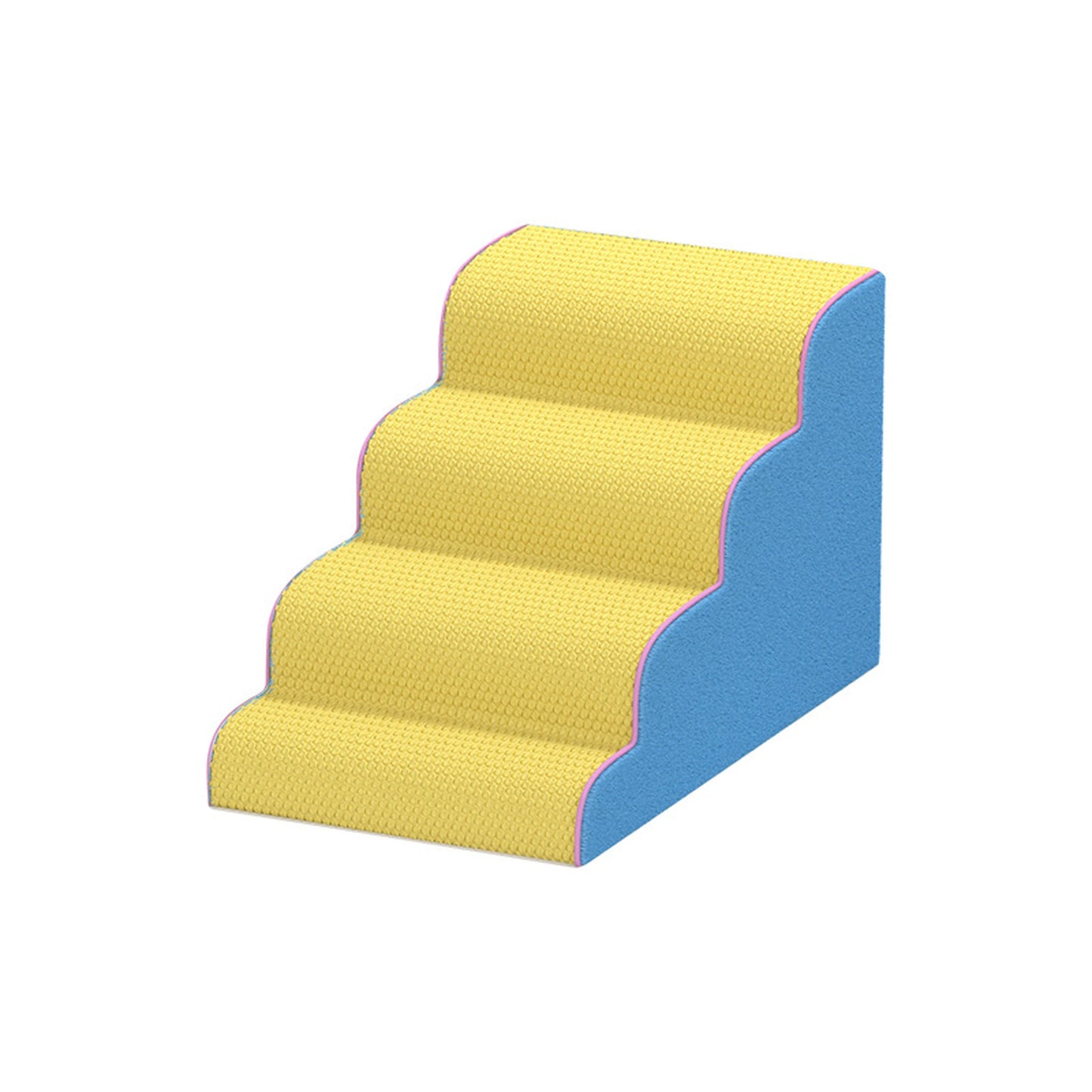 4-tier yellow waffle pet stairs, blue side and pink trim, white background product shot