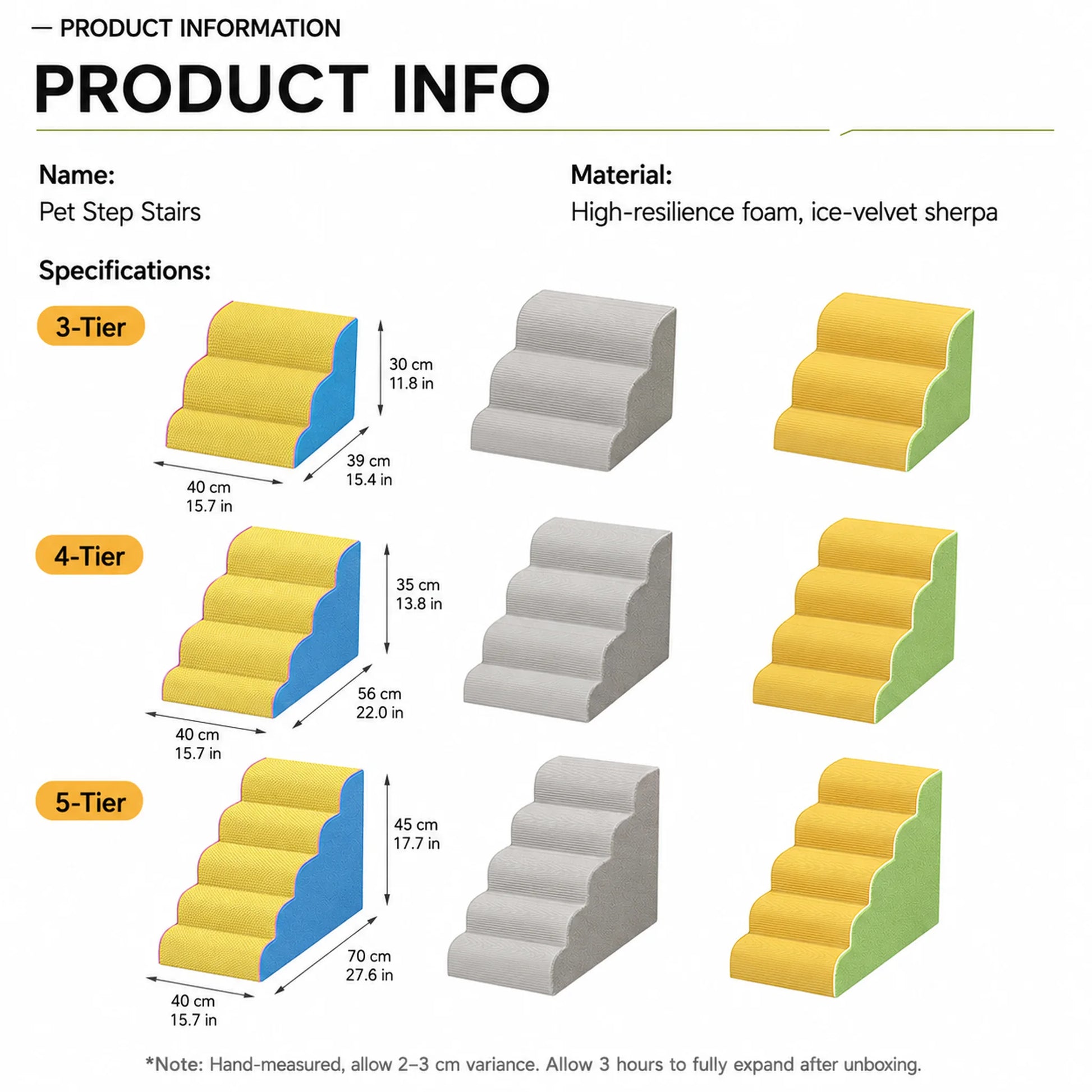 Pet stairs product info — 3-tier 40×39×30 cm, 4-tier 40×56×35 cm, 5-tier 40×70×45 cm, three colors