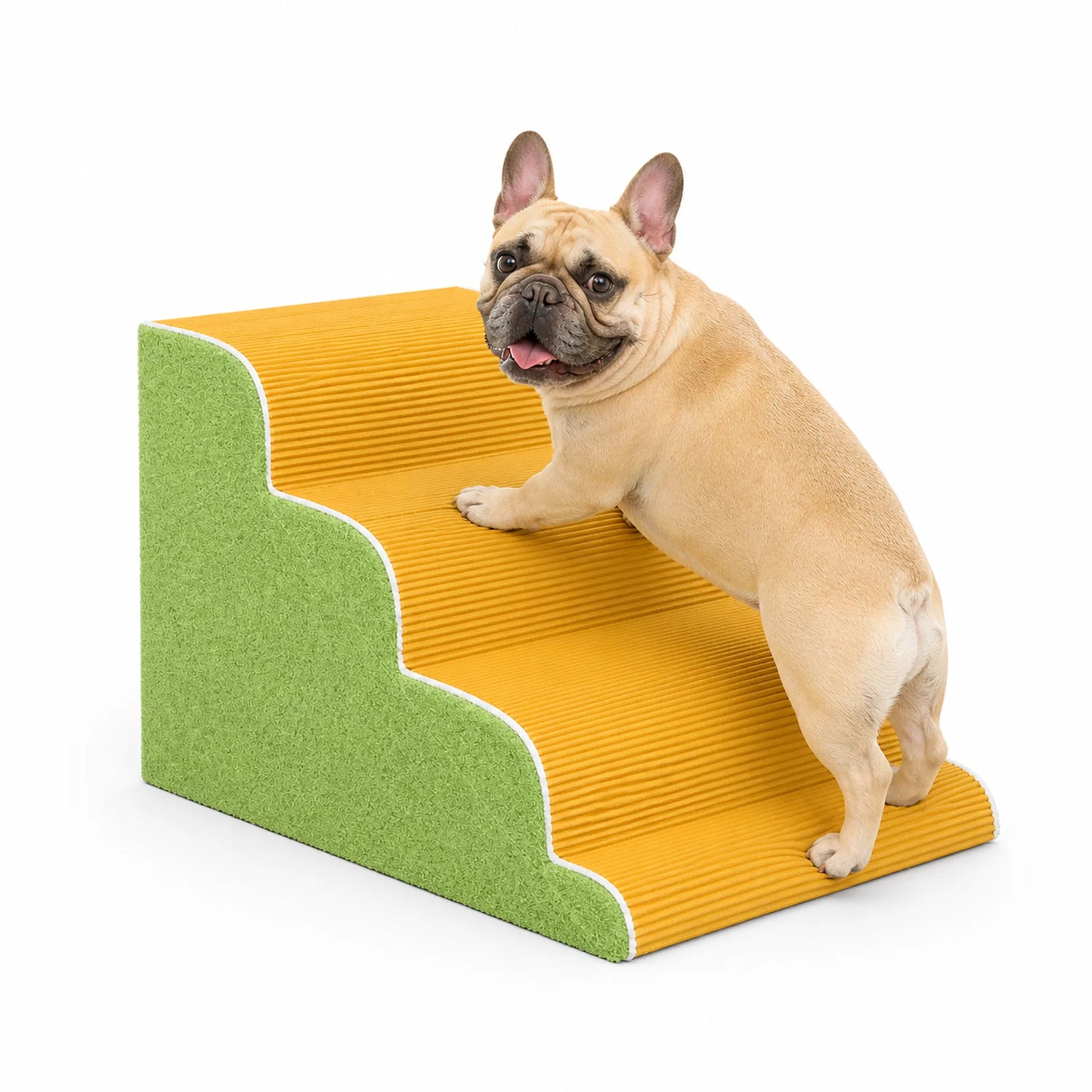 French Bulldog climbing 4-tier yellow corduroy pet stairs with green sherpa side, pure white studio
