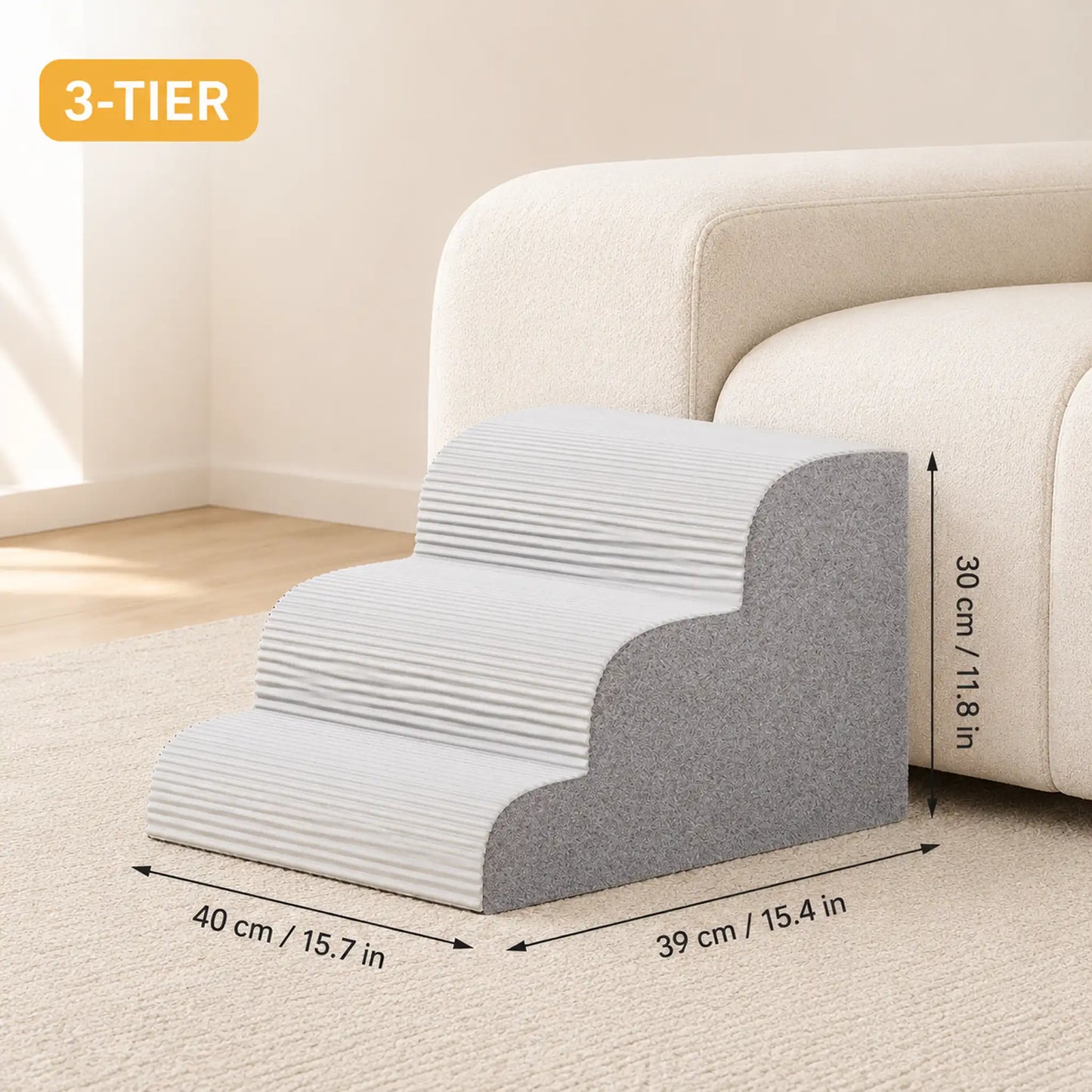 3-tier gray corduroy pet stairs, 40 × 39 × 30 cm