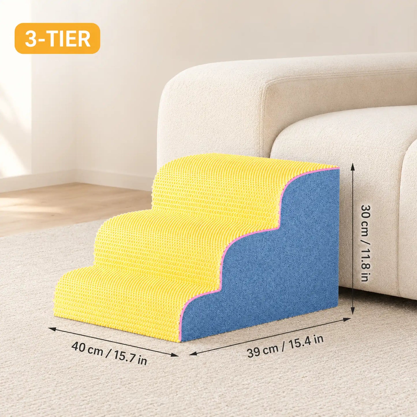 3-tier yellow waffle pet stairs with blue sherpa side and pink trim, 40 × 39 × 30 cm
