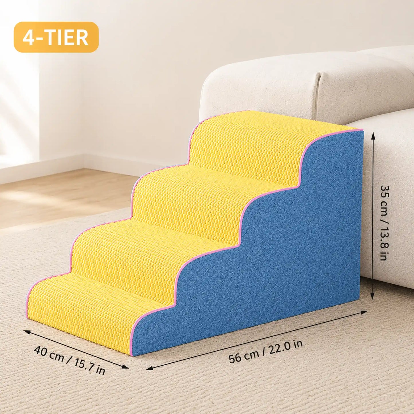 4-tier yellow waffle pet stairs with blue sherpa side and pink trim, 40 × 56 × 35 cm