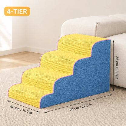 4-tier yellow waffle pet stairs with blue sherpa side and pink trim, 40 × 56 × 35 cm