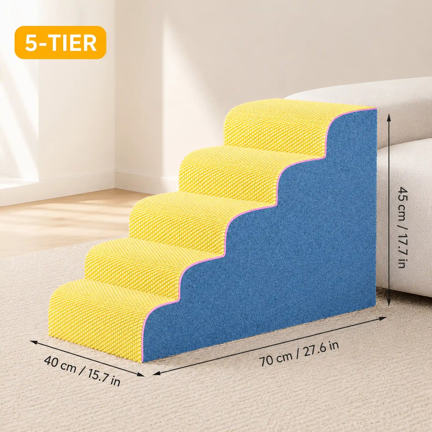 5-tier yellow waffle pet stairs with blue sherpa side and pink trim, 40 × 70 × 45 cm