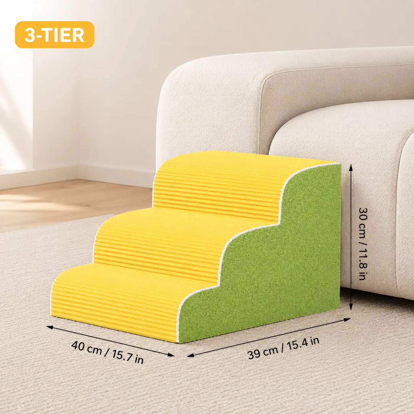 3-tier yellow corduroy pet stairs with green sherpa side, 40 × 39 × 30 cm