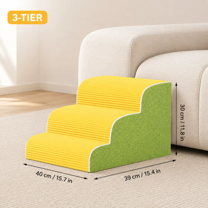 3-tier yellow corduroy pet stairs with green sherpa side, 40 × 39 × 30 cm