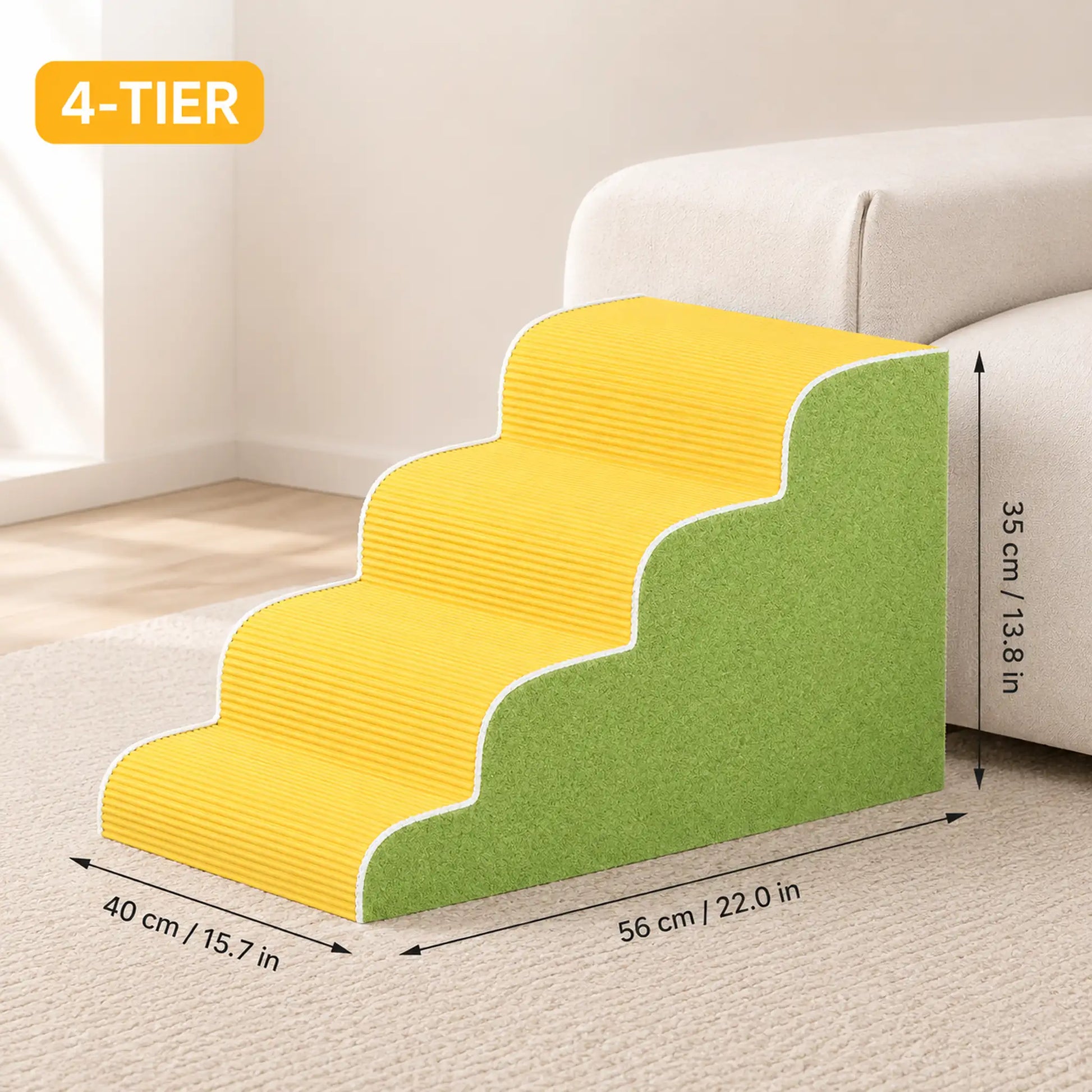 4-tier yellow corduroy pet stairs with green sherpa side, 40 × 56 × 35 cm
