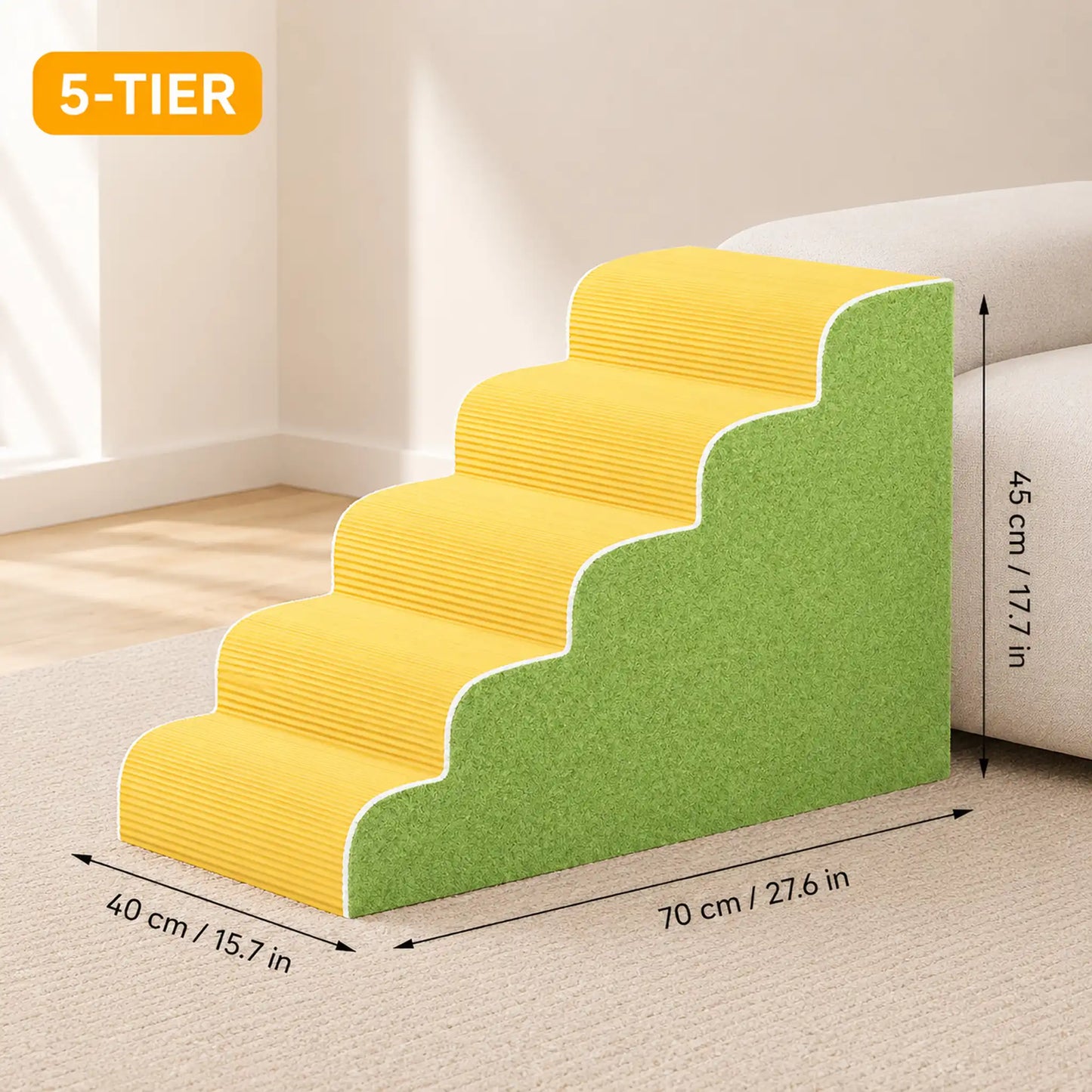 5-tier yellow corduroy pet stairs with green sherpa side, 40 × 70 × 45 cm