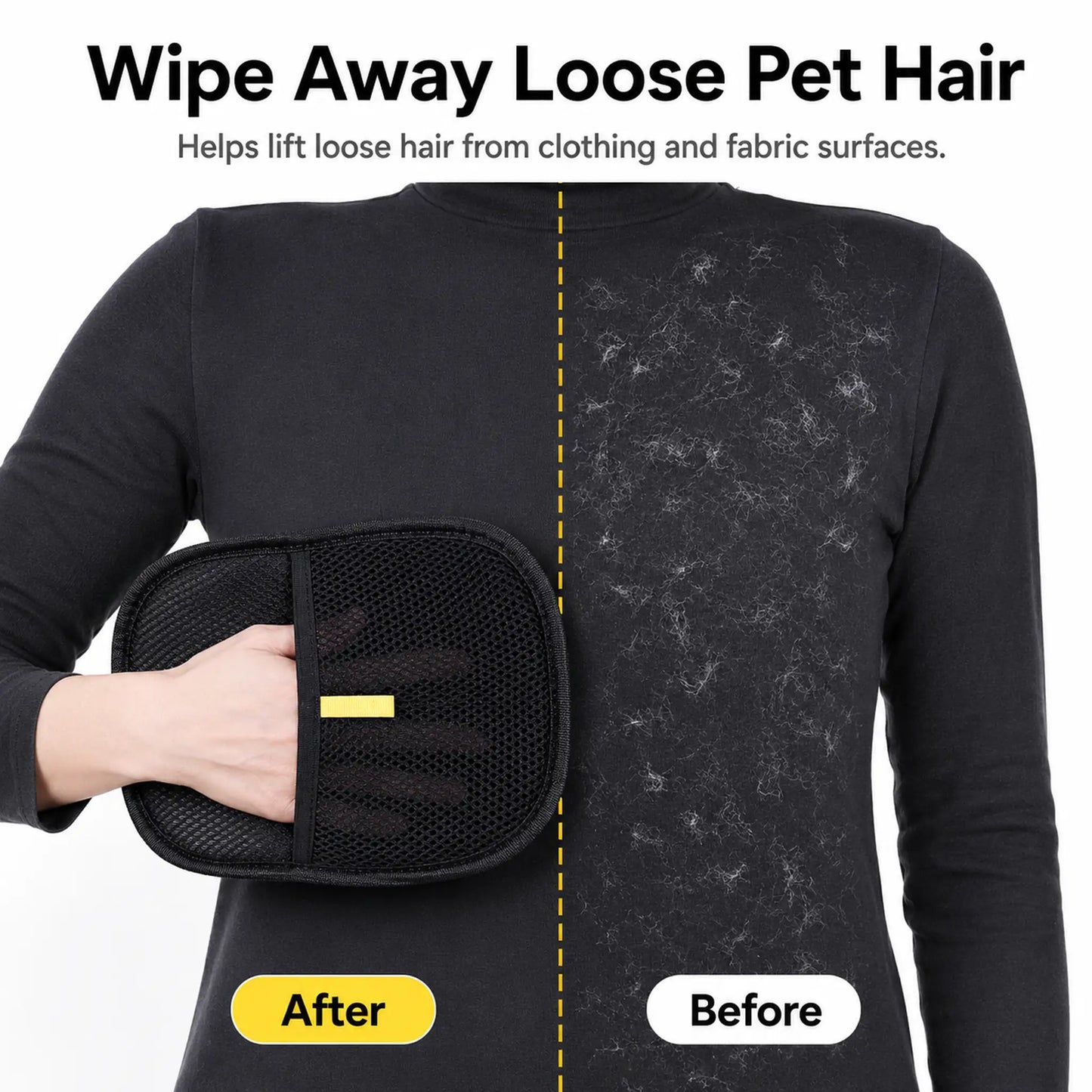Before and after fabric cleanup using black pet hair removal glove