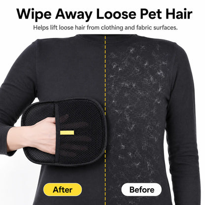 Before and after fabric cleanup using black pet hair removal glove