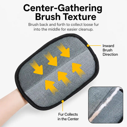 Pet hair removal glove showing center-gathering brush texture and inward brushing direction