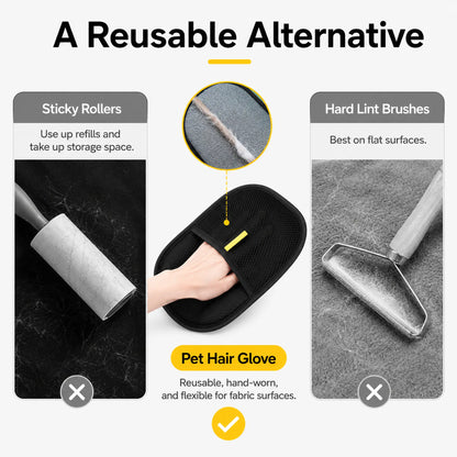 Reusable pet hair glove compared with sticky rollers and hard lint brushes