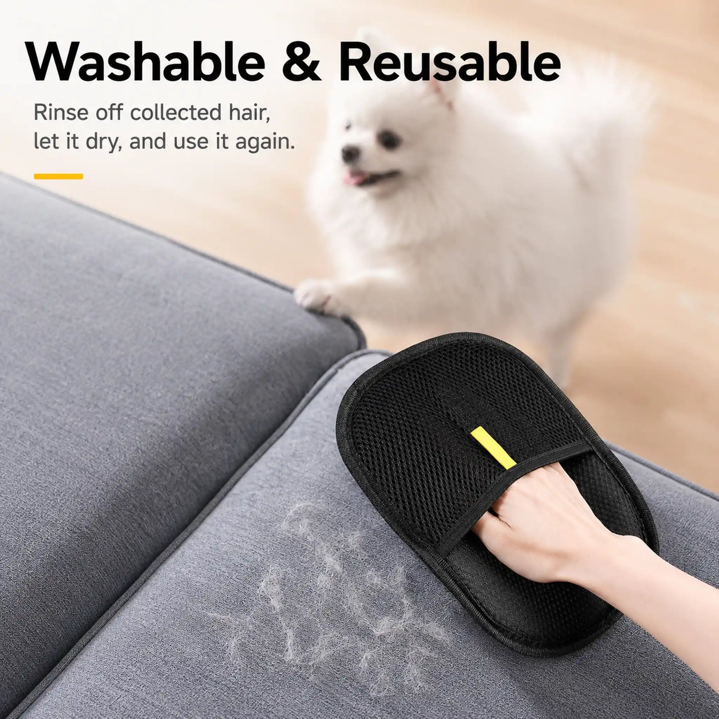 Washable reusable pet hair glove cleaning loose fur from sofa fabric
