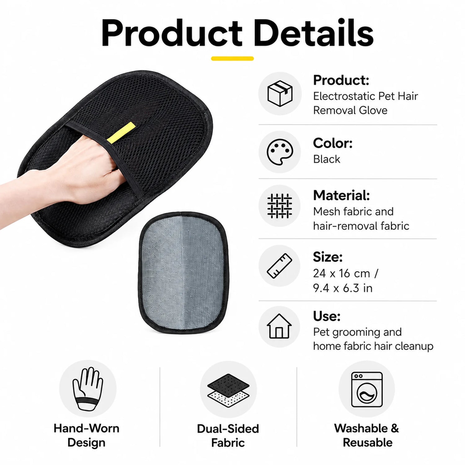 Product details for black electrostatic pet hair removal glove size 24 by 16 cm