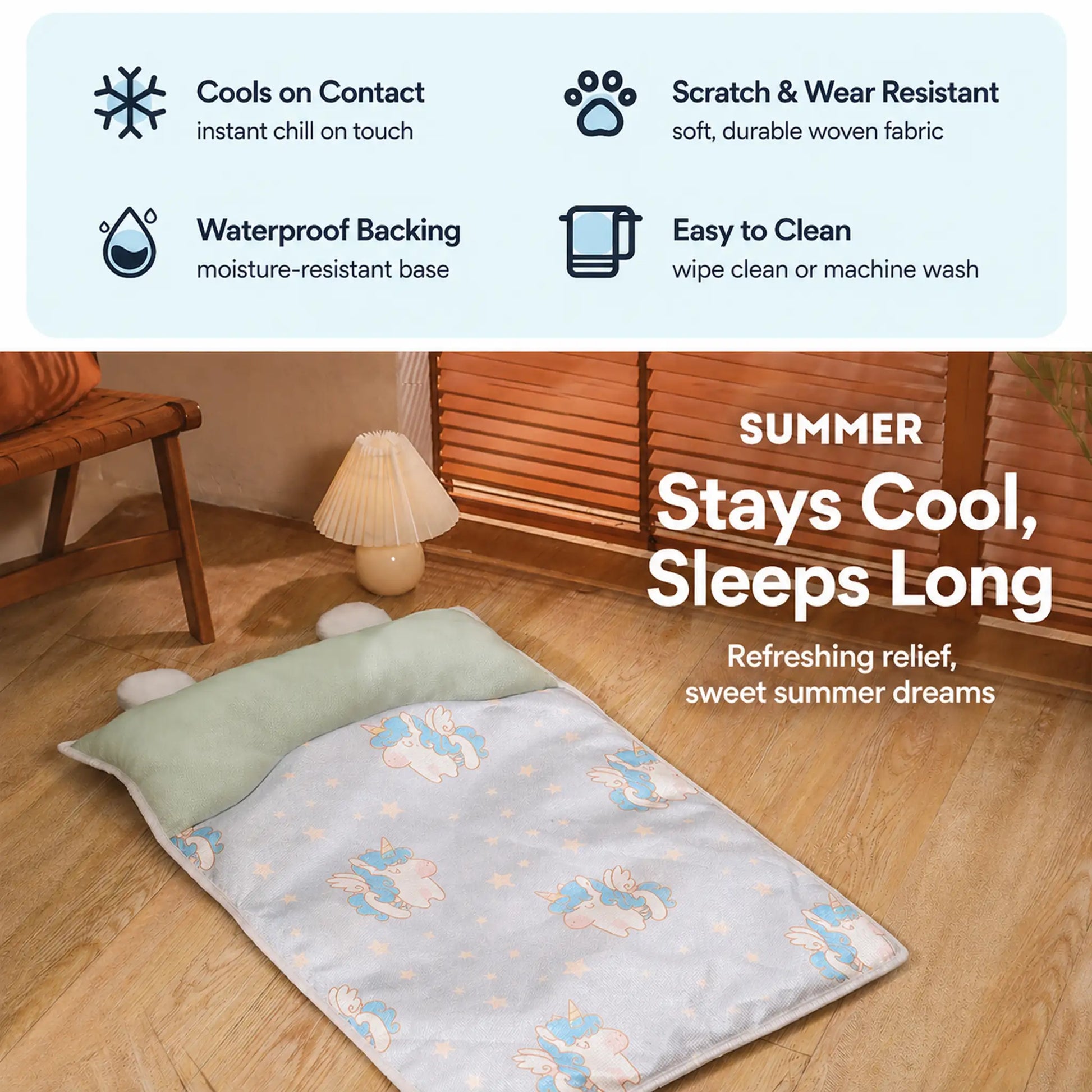 Cooling features: cools on contact, scratch resistant, waterproof backing, easy to clean
