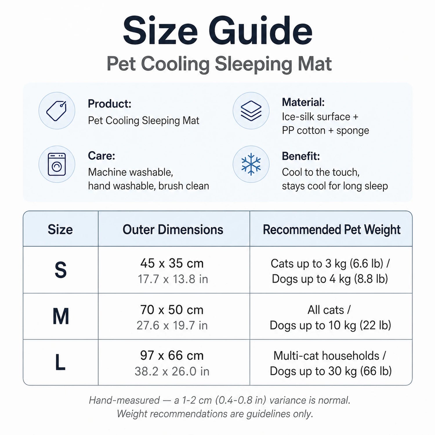 Pet cooling sleeping mat size guide — S, M, L dimensions in cm and inches