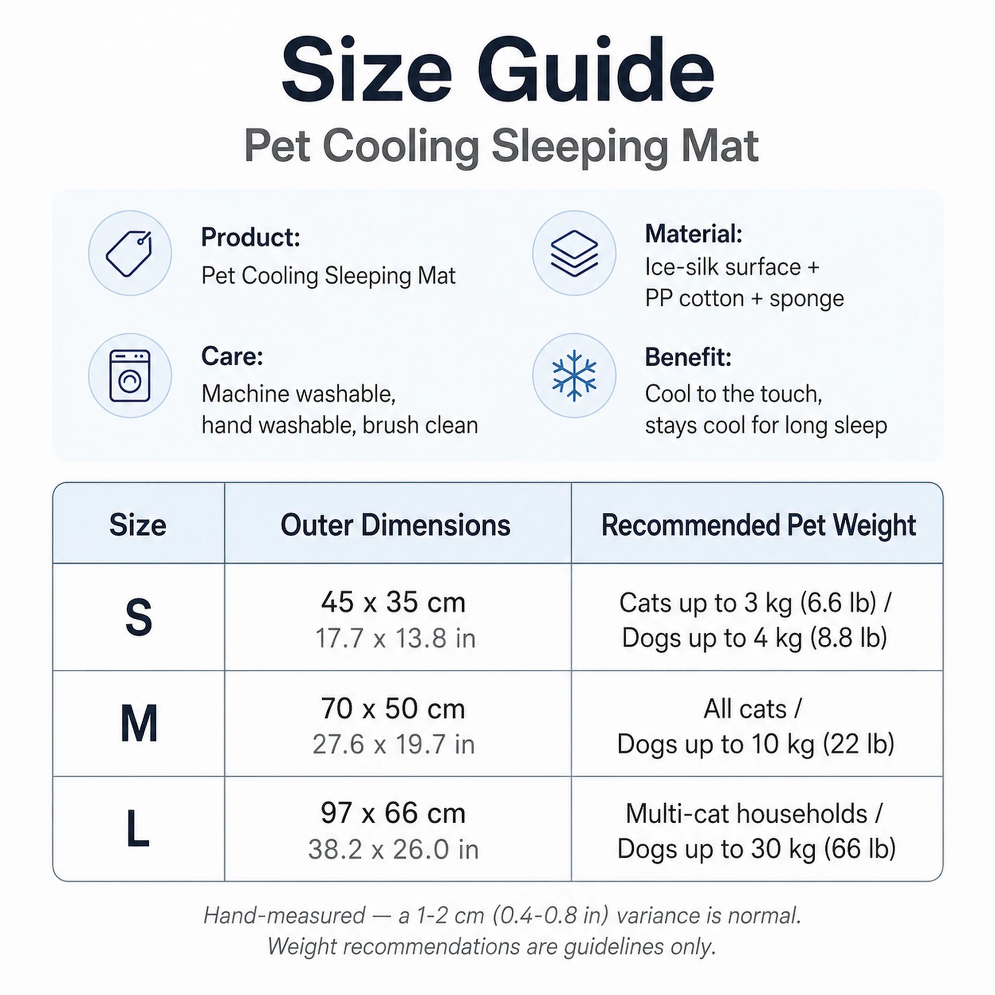 Pet cooling sleeping mat size guide — S, M, L dimensions in cm and inches