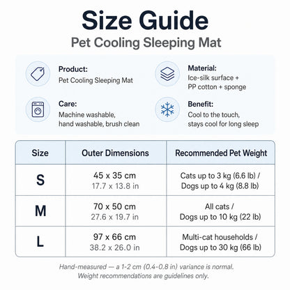 Pet cooling sleeping mat size guide — S, M, L dimensions in cm and inches