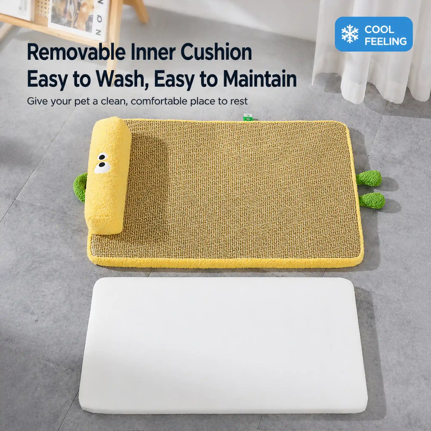 Removable inner cushion zips out for easy washing