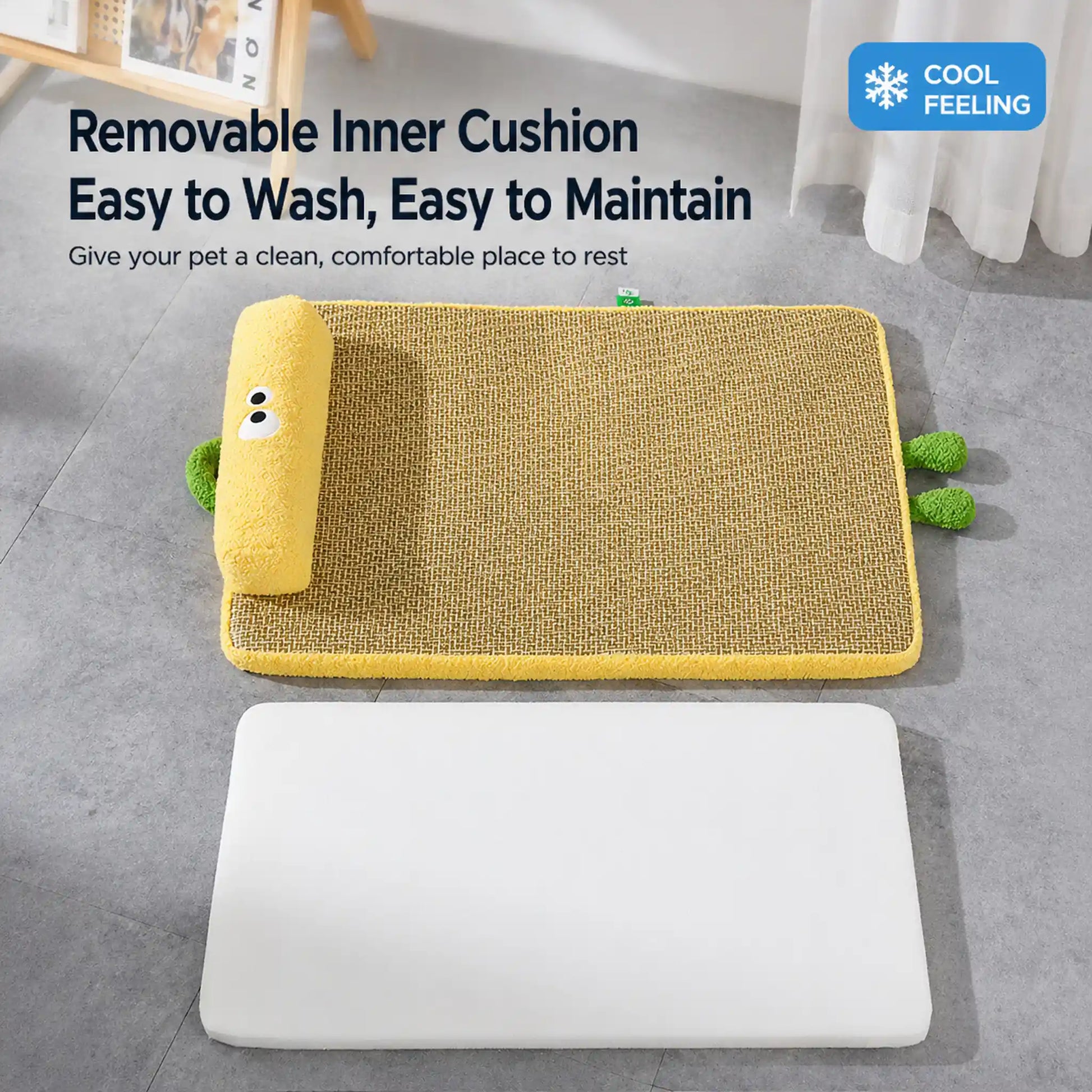 Removable inner cushion zips out for easy washing