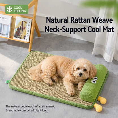 Maltipoo dog resting on green rattan-weave pet bed with raised bolster