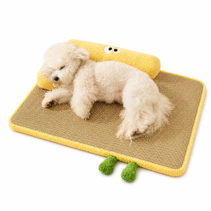 Maltipoo dog resting on yellow rattan-weave pet bed with raised plush bolster