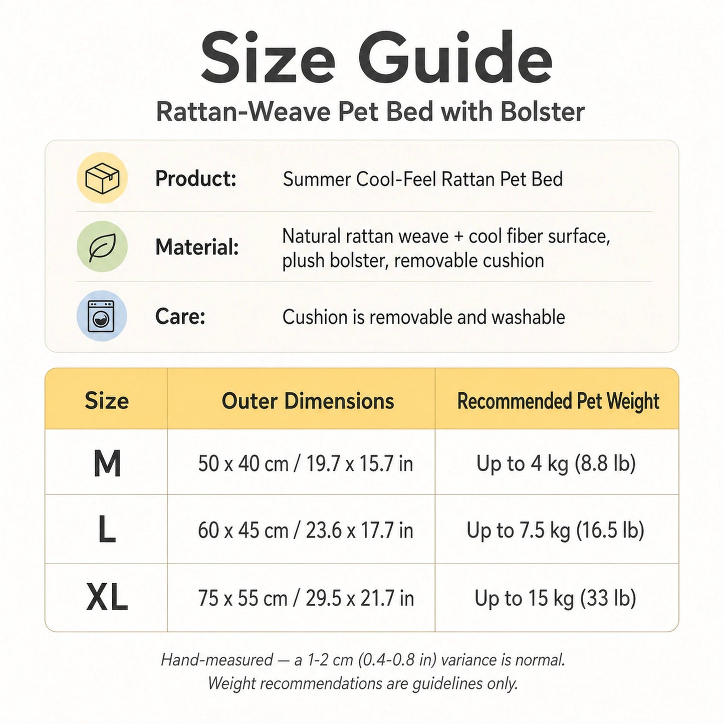 Pet rattan bed size guide — M, L, XL dimensions in cm and inches