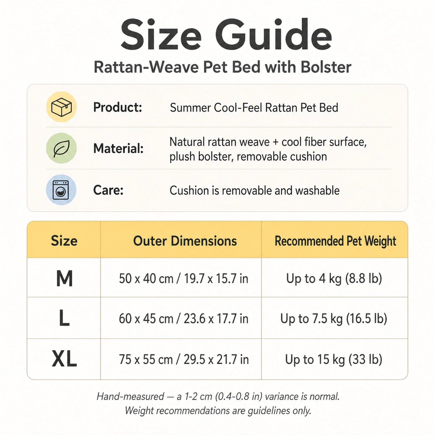 Pet rattan bed size guide — M, L, XL dimensions in cm and inches