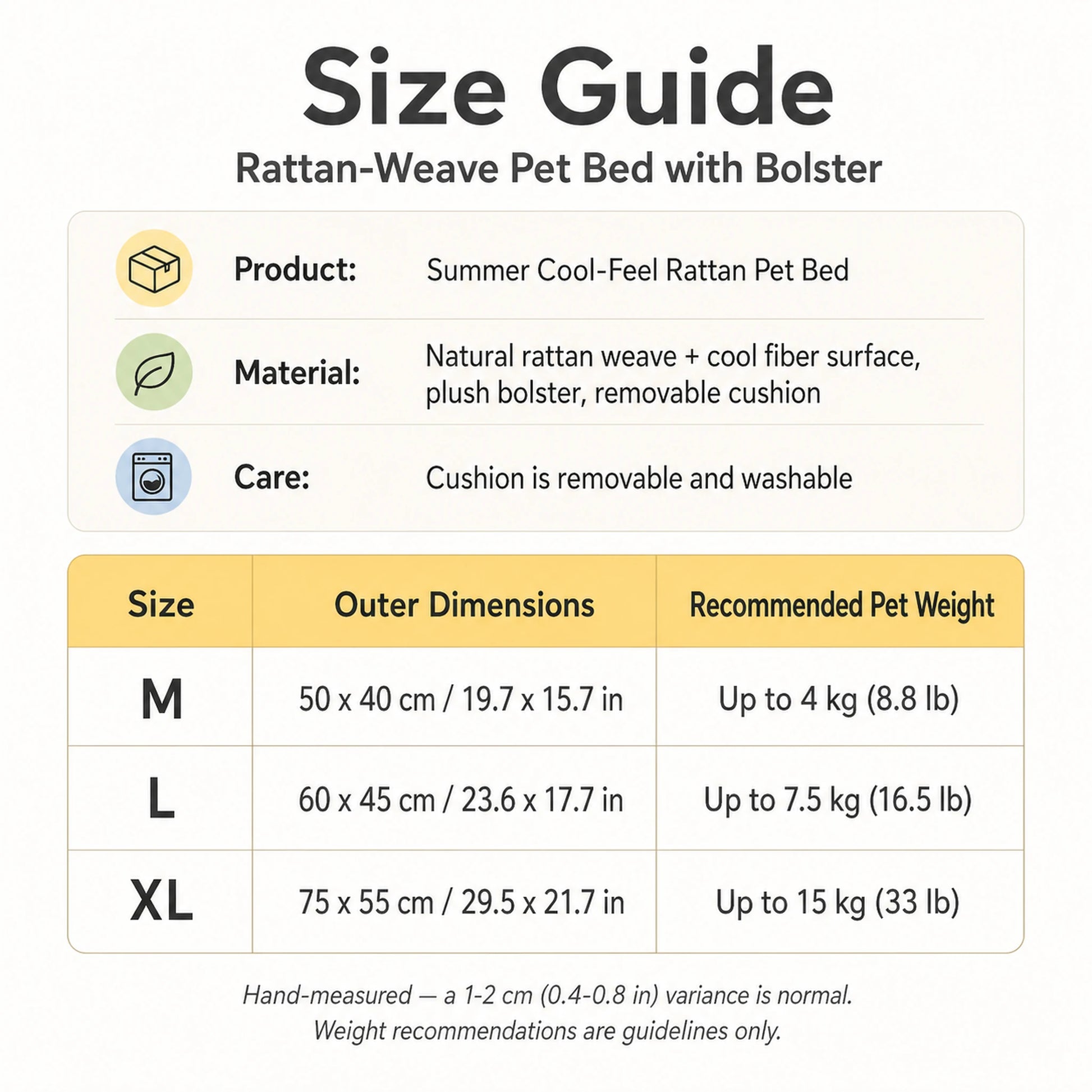 Pet rattan bed size guide — M, L, XL dimensions in cm and inches