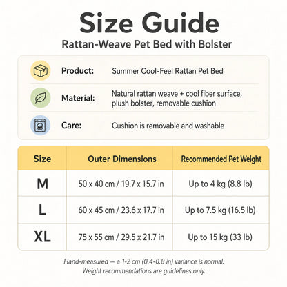 Pet rattan bed size guide — M, L, XL dimensions in cm and inches