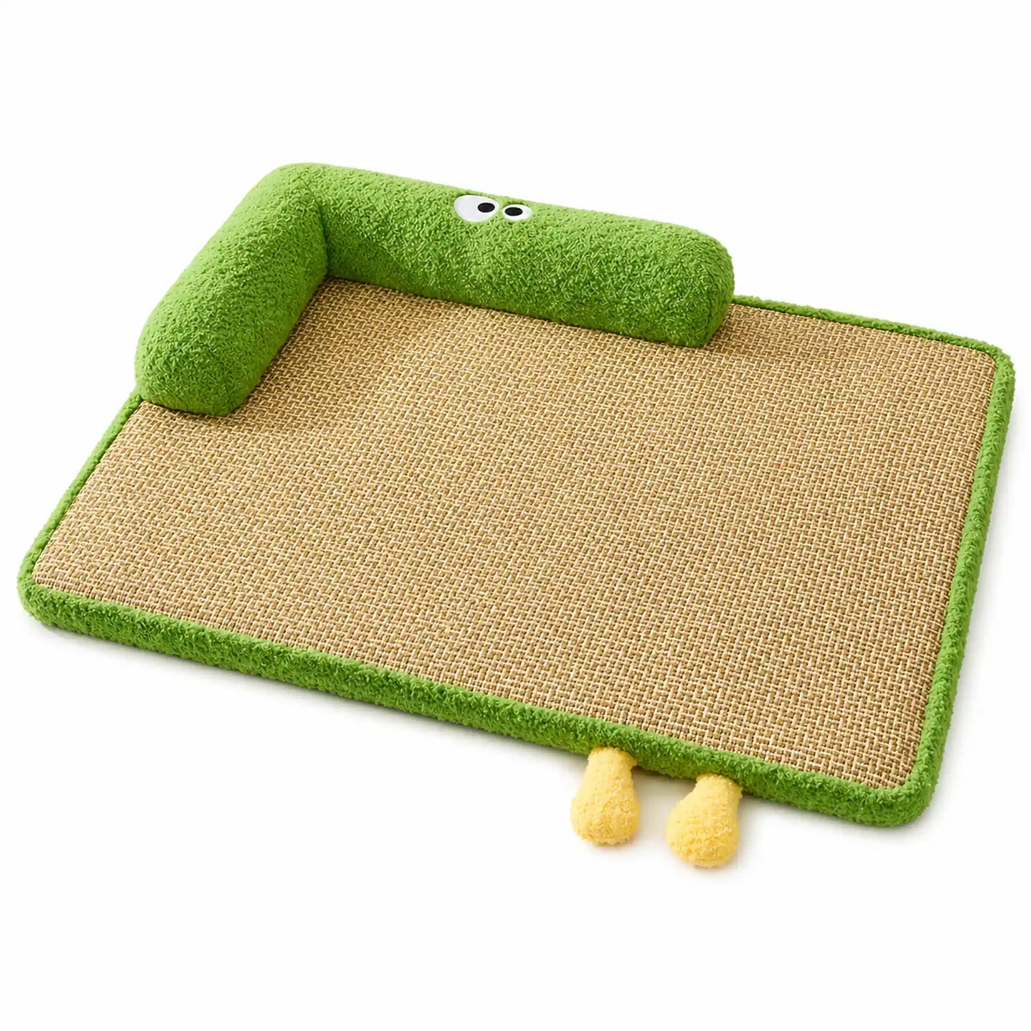 Green rattan-weave pet bed with raised plush bolster and cartoon-eye design