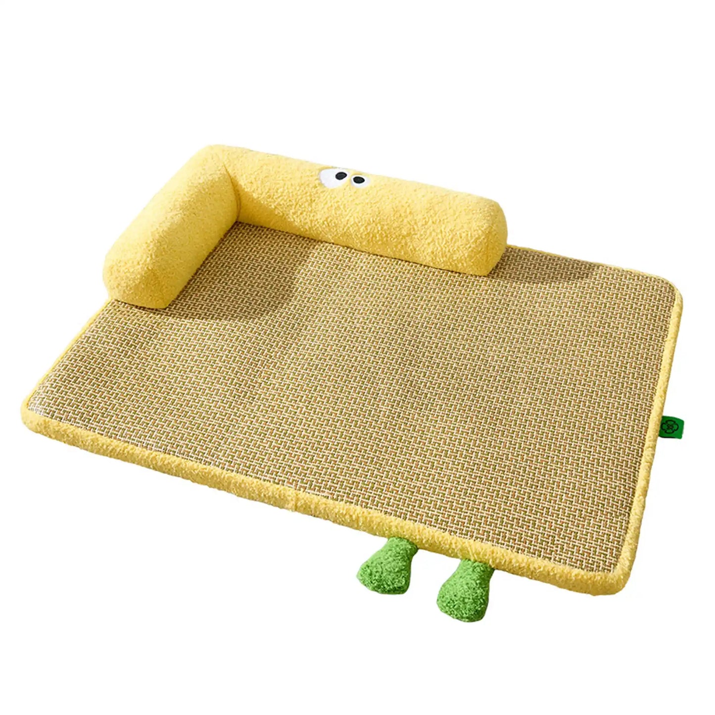 Yellow rattan-weave pet bed with raised plush bolster and cartoon-eye design