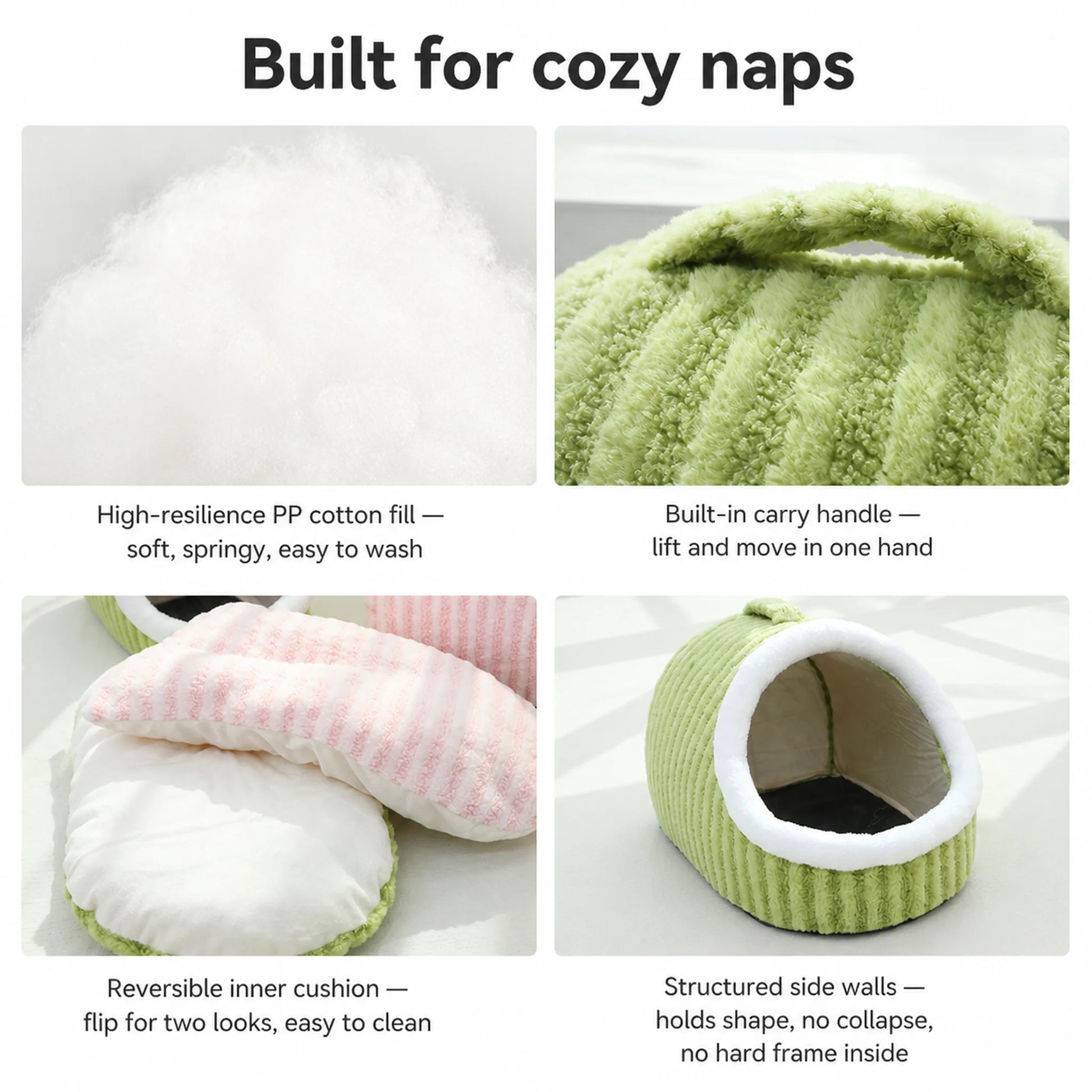Built for cozy naps — PP cotton fill, carry handle, reversible inner cushion, structured side walls