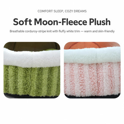 Soft moon-fleece plush close-up — breathable corduroy-stripe knit with fluffy white trim