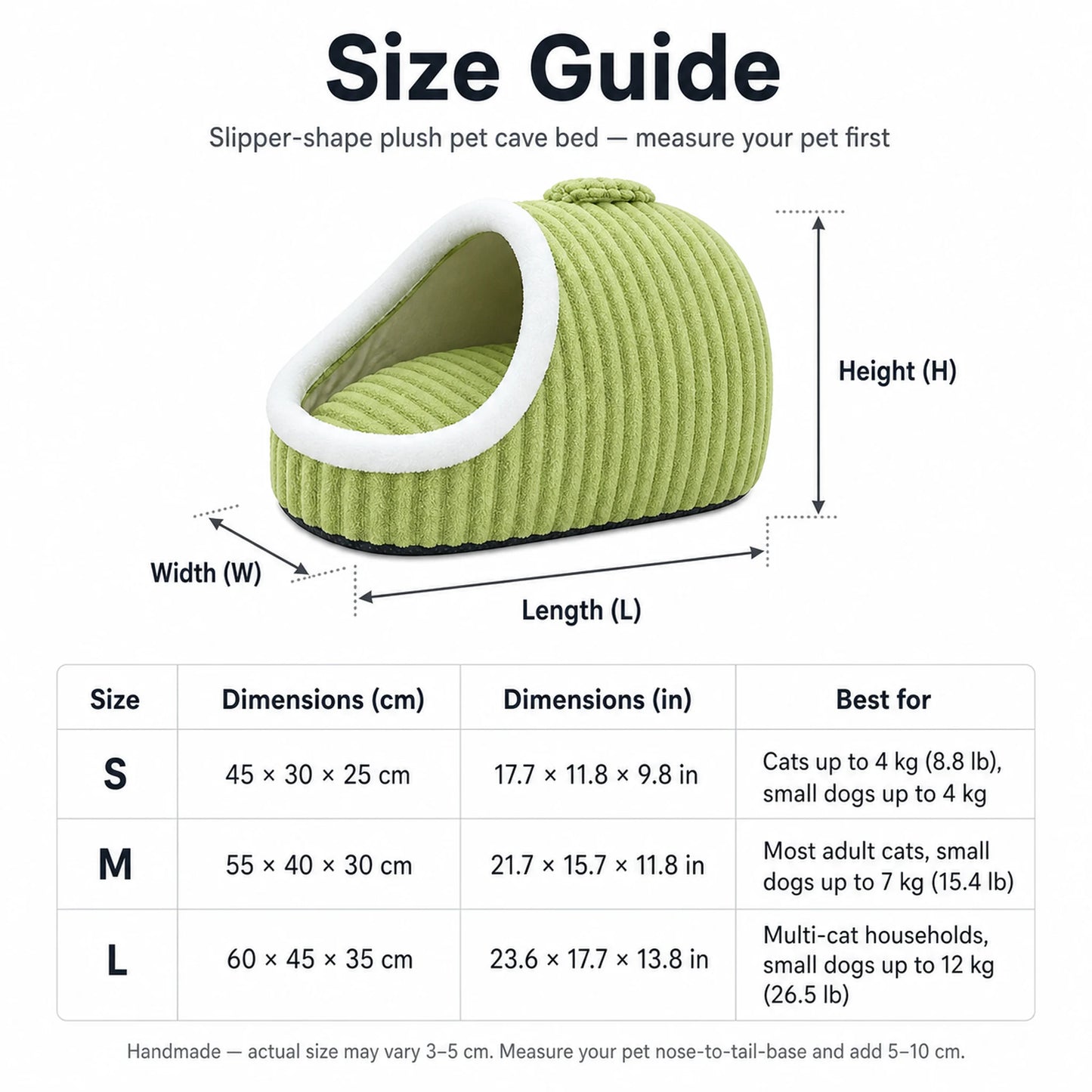 Slipper-shape pet cave bed size guide — S, M, L dimensions in cm and inches