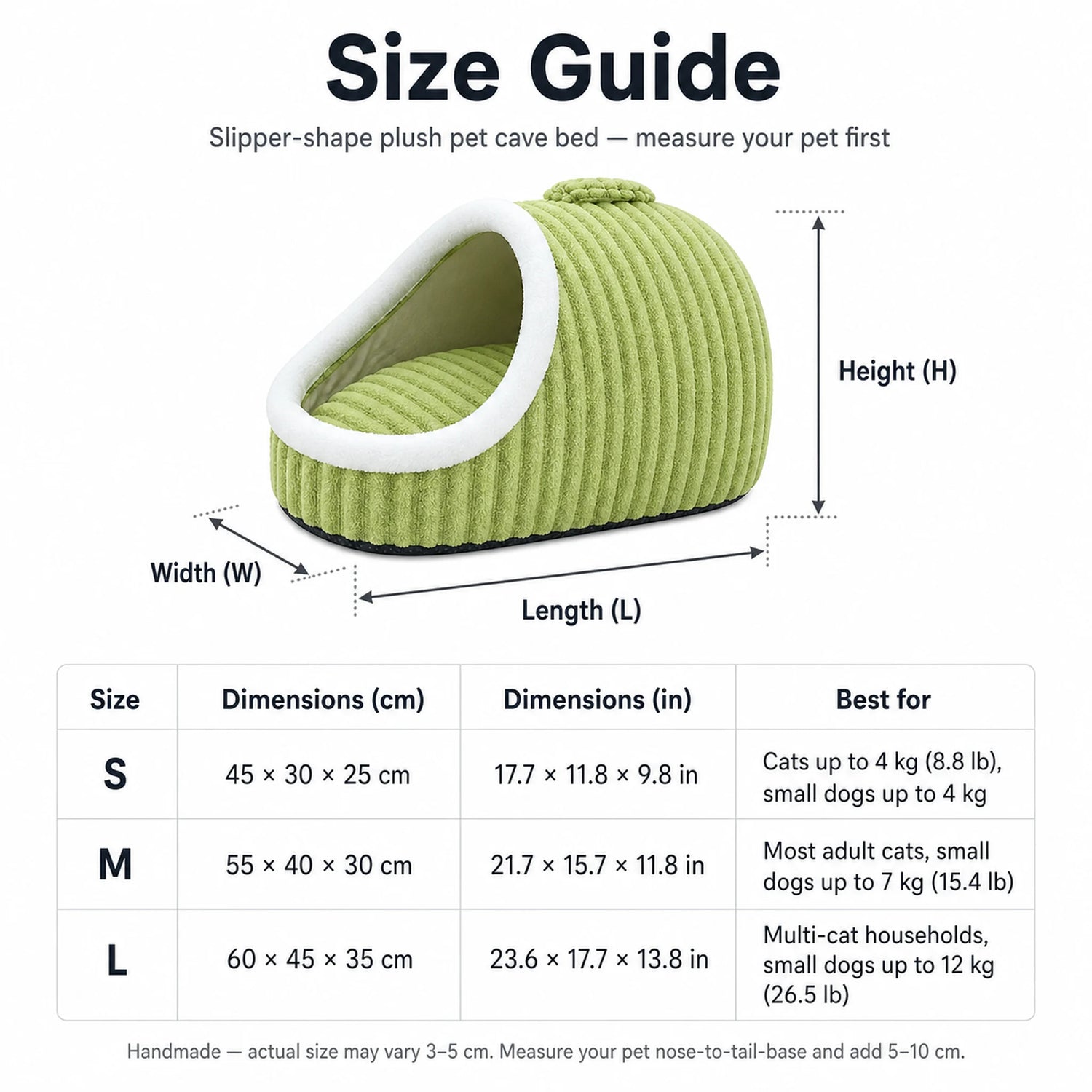 Slipper-shape pet cave bed size guide — S, M, L dimensions in cm and inches