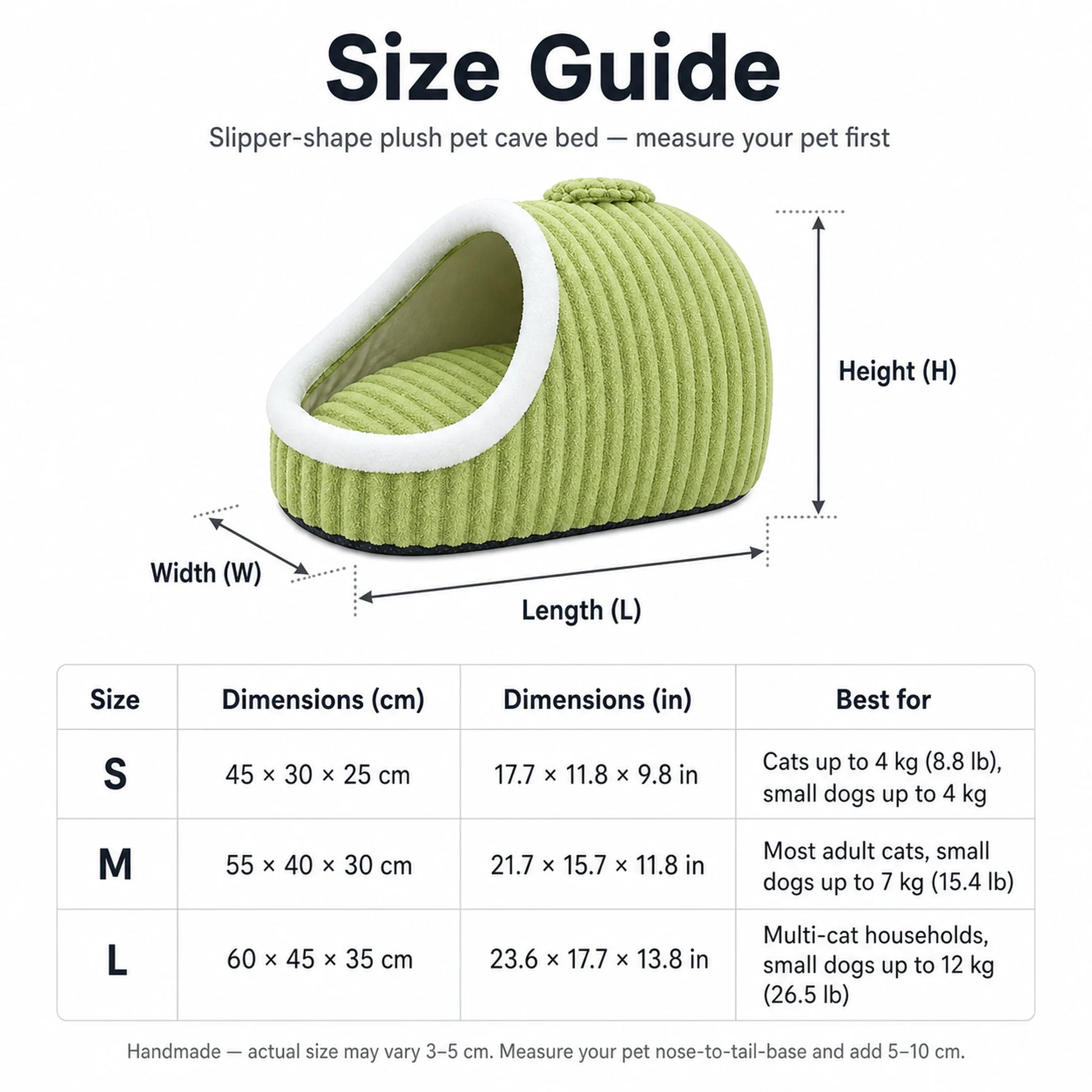 Slipper-shape pet cave bed size guide — S, M, L dimensions in cm and inches